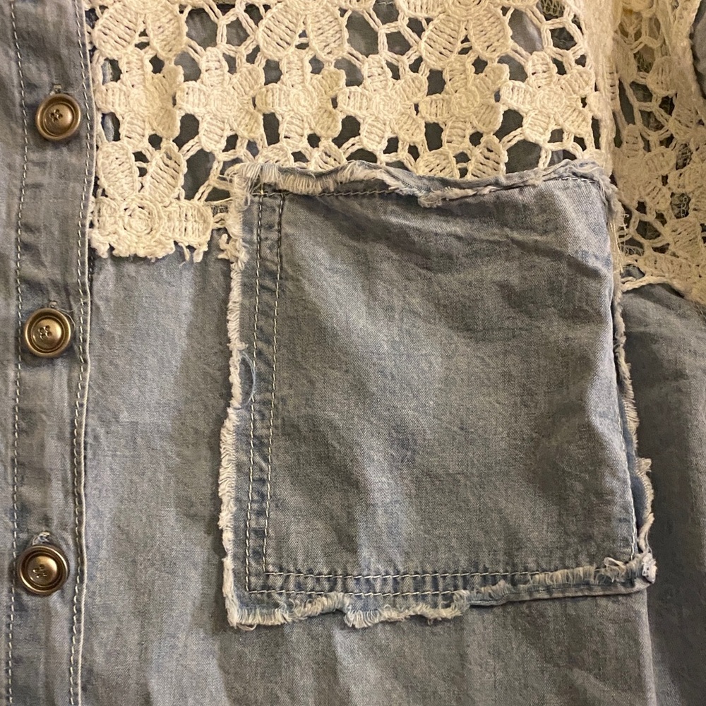 Nwot Pol Blue And White Patchwork Button Down Blo… - image 4